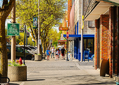 Shops, galleries, and cafes line Main Street in the historic downtown district of Moscow, Idaho.