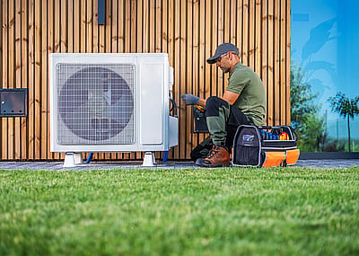 Technician servicing a home air conditioning unit.