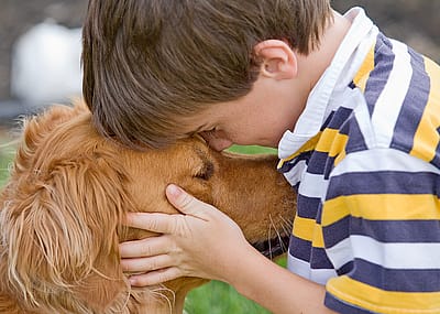 Five-year-old boy puts his forehead on a dog's head, holding the dog's face in his hands.