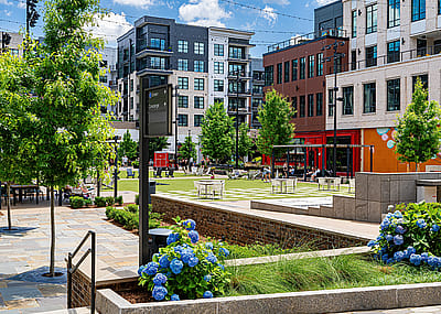 Open spaces and apartment complexes in the New Fenton Mixed Use Development.