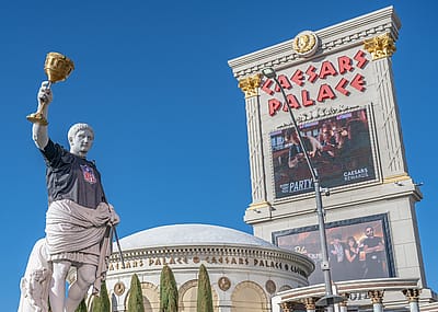 Statue of Caesar at Caesar's Palace dressed in an NFL jersey