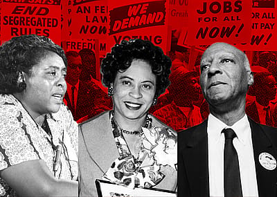 March on Washington with Fannie Lou Hamer, Daisy Bates, and A. Philip Randolph in foreground.
