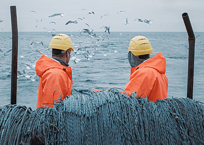 Crew of fishermen work on a commercial fishing ship pulling trawl net.