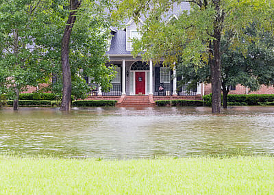 High water and flooded house in Houston suburbs during Hurricane Harvey