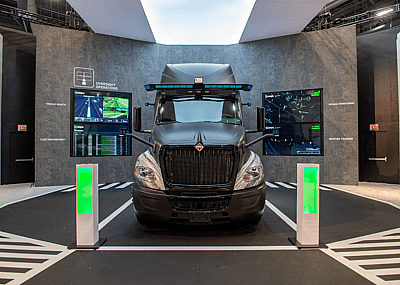 A self-driving semi-truck on display at the CES tech show in Las Vegas.