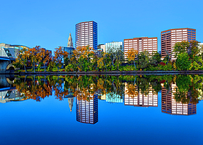 The Hartford, Connecticut skyline as seen from the water.
