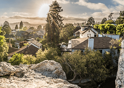 Sunset over big, beautiful homes in Albany, in northern California.