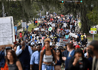 Demonstrators protest Florida Governor Ron DeSantis plan to eliminate Advanced Placement courses on African American studies in high schools