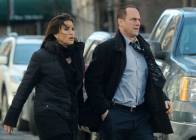 Actors Mariska Hargitay and Christopher Meloni filming on location for 'Law & Order: SVU' on the streets of Manhattan on Feb. 14, 2011 in New York City.