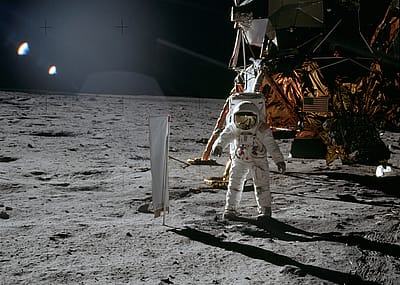 Astronaut Edwin E. Aldrin Jr. during the Apollo 11 extravehicular activity (EVA) on the lunar surface in July 1969. This photograph was taken by astronaut Neil A. Armstrong.