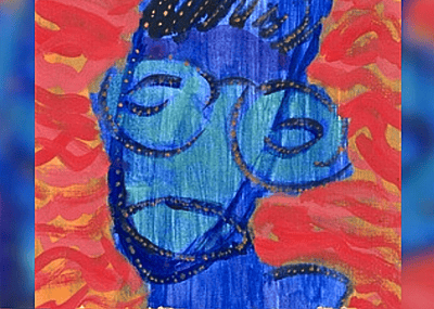 A blue and red abstract painting of a face from the cover of "Funeral Diva."