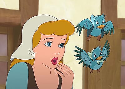 Cinderella in a white headscarf with two blue birds in 'Cinderella II: Dreams Come True.'