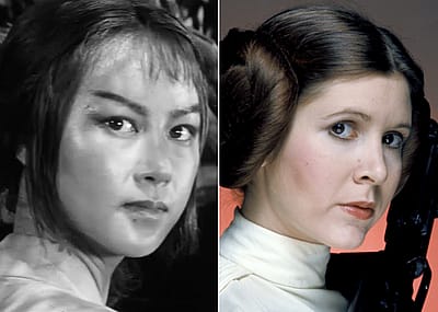 Actor Misa Uehara as Princess Yuki in 1958 film 'The Hidden Fortress' on the left and actor Carrie Fisher as Princess Leia in the 1977 film 'Star Wars: Episode IV – A New Hope.'