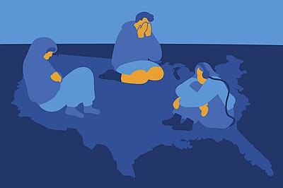 Illustration of depressed teenagers in crouched positions over a map of the United States.