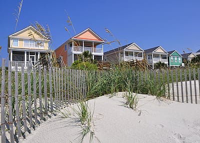 Row of beach rentals on a summer day in South Carolina.