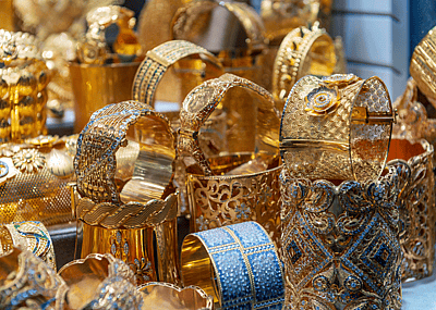 Ornate jewelry on display in a gold souk in Dubai.