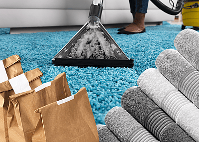 An illustration showing packaged food deliveries, fresh laundry and a carpet being steam cleaned.