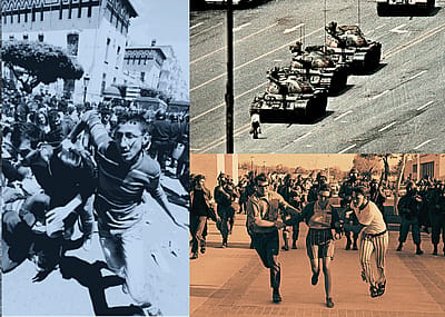A split screen with three photos, including protestors marching with signs that say we condone sit-ins, a woman running in a marathon while men try to stop her, and a person standing in front of military tanks.