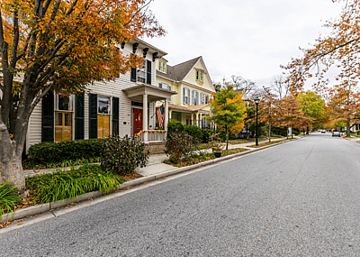 Autumn foliage on a residential street in a Maryland small town.