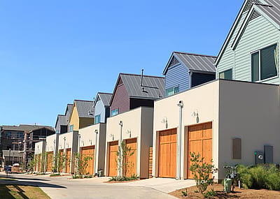 New garden court houses in the Mueller neighborhood in Austin, TX.