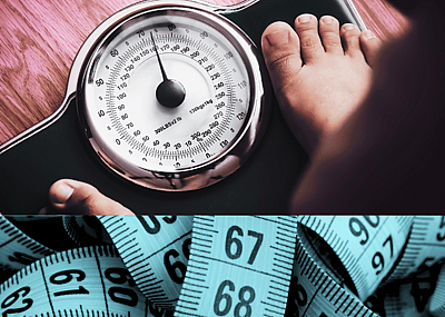 A split screen with one photo showing a close up of a pair of feet on a scale with the bottom photo showing measuring tape.