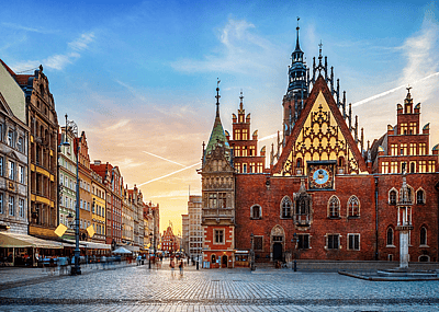 Central market square with old houses at sunset in Wroclaw, Poland