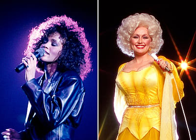 A collage of young Whitney Houston performing on stage circa 1988, and Dolly Parton in a studio portrait circa 1978