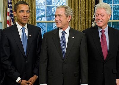Former Presidents Barack Obama, George W. Bush, and Bill Clinton in the Oval Office of the White House in Washington, D.C., on Jan. 7, 2009.