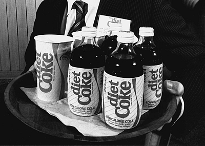 A tray of bottles of Diet Coke at its launch event, circa 1983