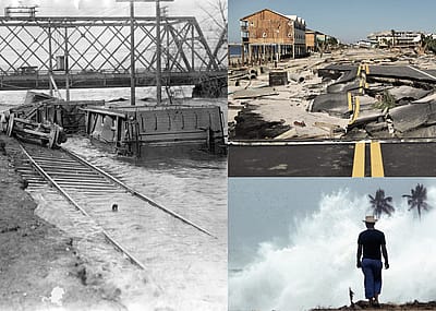 A train underwater, a beach road destroyed after a storm and a figure watching palm trees bend in the waves and wind.