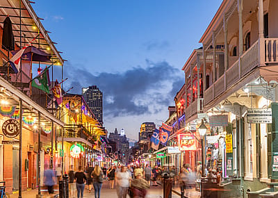 Pubs and bars with neon lights in the French Quarter, downtown New Orleans