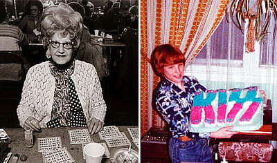 A woman at a bingo parlor and a kid holding a Kiss birthday cake