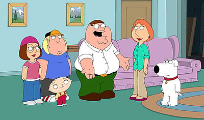 Peter, Lois, Meg, Chris, and Stewie Griffin with Bryan the Dog in the Family Guy livingroom
