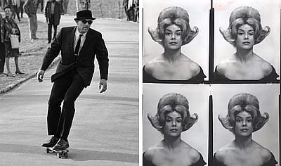 Split image, black and white: left, a man in a suit, hat, and sunglasses riding a skateboard down a path; right, a four-panel contact sheet of a woman with an exaggerated beehive hairstyle.