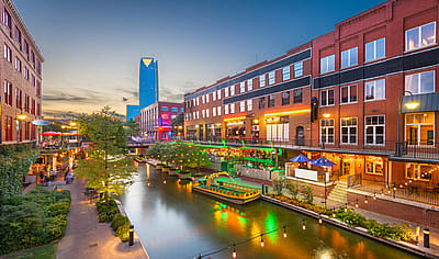 Oklahoma City, Oklahoma, cityscape in Bricktown at dusk.