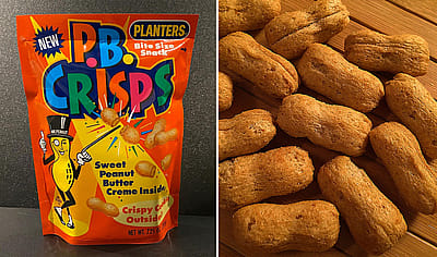 A split image of a bag of P.B. Crisps and some P.B. Crisps on a table.