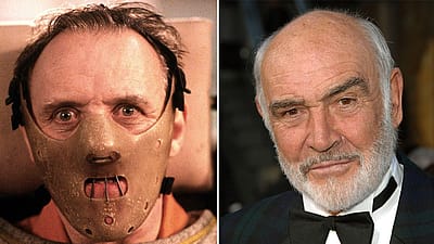 Split thumb: Left, Anthony Hopkins as Hannibal Lector. Right, Sean Connery in a tuxedo.