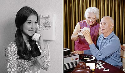 Split image: Left, a young woman talking on a rotary phone. Right, an elderly couple looking at slides next to their projector.