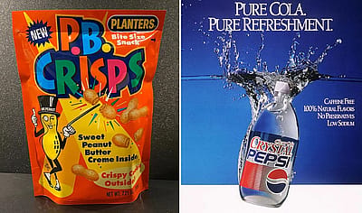 A split image of a bag of P.B. Crisps and an old promo for Crystal Pepsi