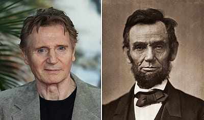 Side-by-side images of actor Liam Neeson at a 2025 London film premiere and a mid-19th-century portrait of Abraham Lincoln.