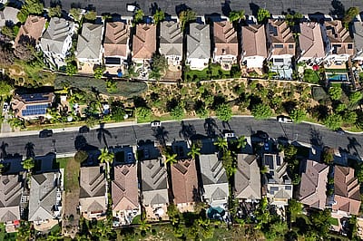 Aerial view of a suburban neighborhood.