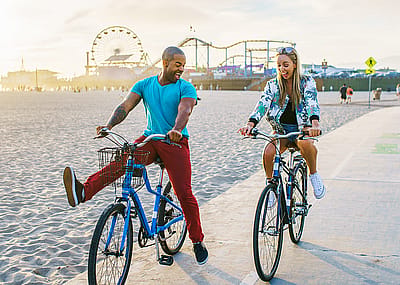 Couple riding bikes in Santa Monica.