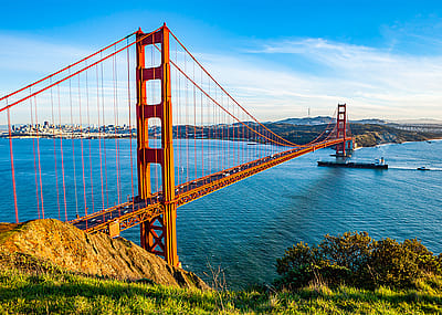 Panoramic view of Golden Gate Bridge seen from Battery Spencer viewpoint.