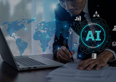 A man in a suit working on documents with a pen in his hand, and a laptop open in front of him. Overlayed on the image are digital, futuristic graphics, including a pixelated world map in blue and AI icon.