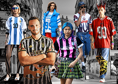 Photo cut outs of six adults in blokecore fashion against a grayscale background of a New York City street.
