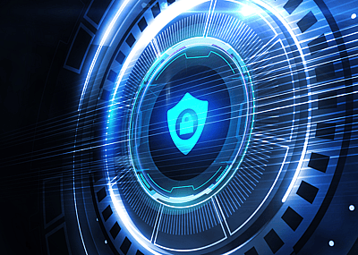 A futuristic shield with a padlock on it.