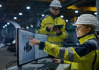 A woman construction worker wearing a heavy-duty bright green jacket and helmet sitting in front of the computer screen showing a 3D model pointing to the screen in front of a male construction worker.
