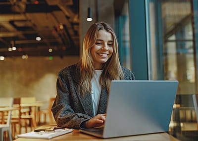 Stylish woman working on a laptop while sitting in cozy cafe.