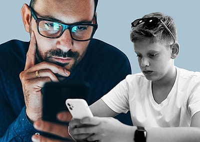A photo illustration of a middle-aged man and a teen boy reading texts.