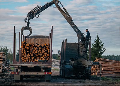 A large crane is positioned near the truck. The crane's arm is extended, holding a grapple that is lifting logs from the ground.